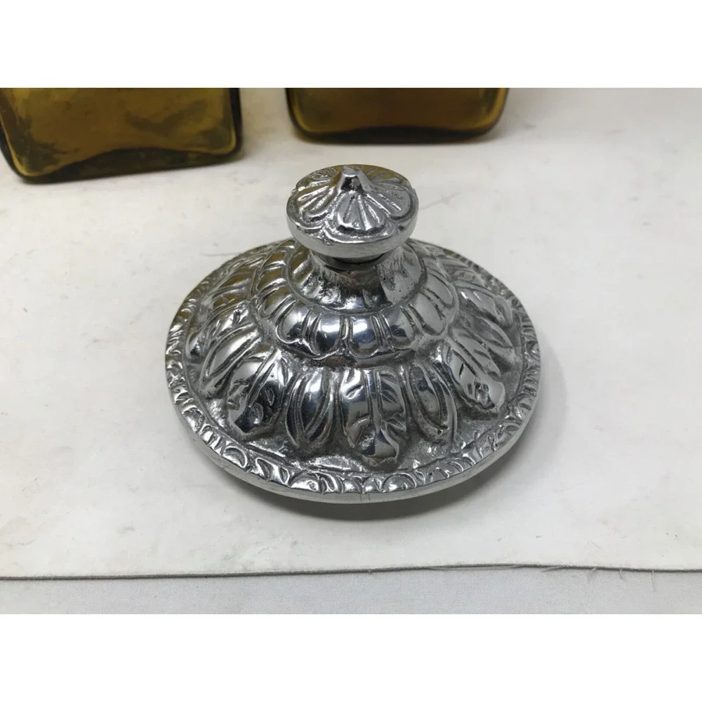 Canister Set of 3 Amber Ribbed Glass Holland Boone Pewter Lids Hand Blown Mexico